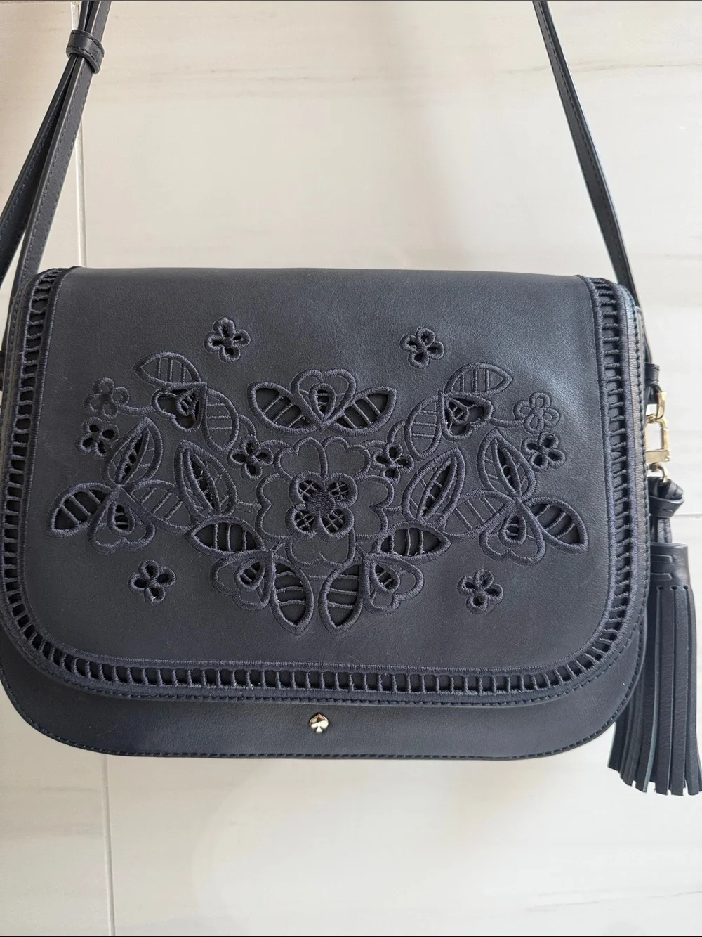 Kate Spade Madison Avenue Navy Floral Appliqué Crossbody Bag with Tassel